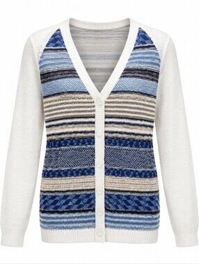 Northcrest Ladies Vintage Brown Navy Cream Striped Cardigan sz L 14 to 16